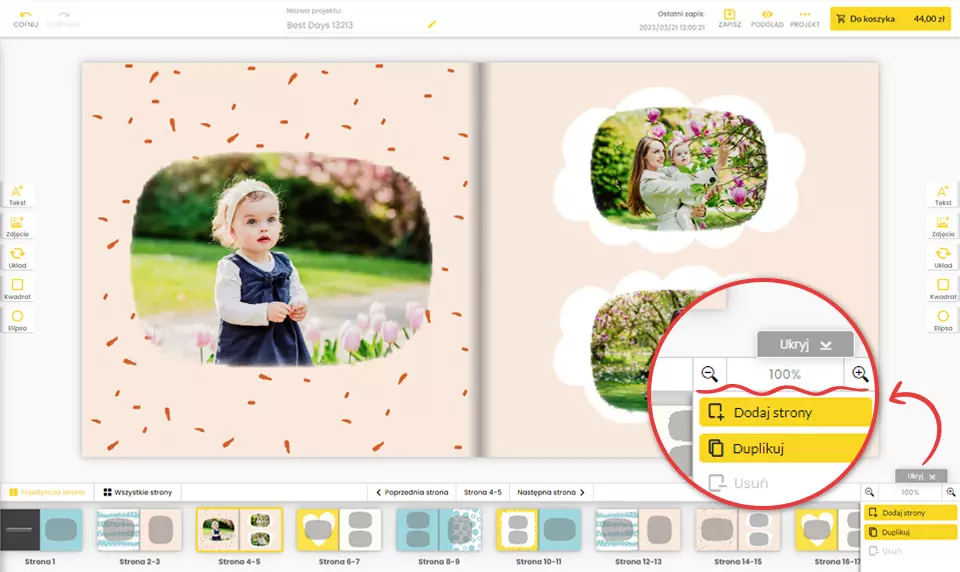 powiększenie projektu fotoksiazki w kreatorze